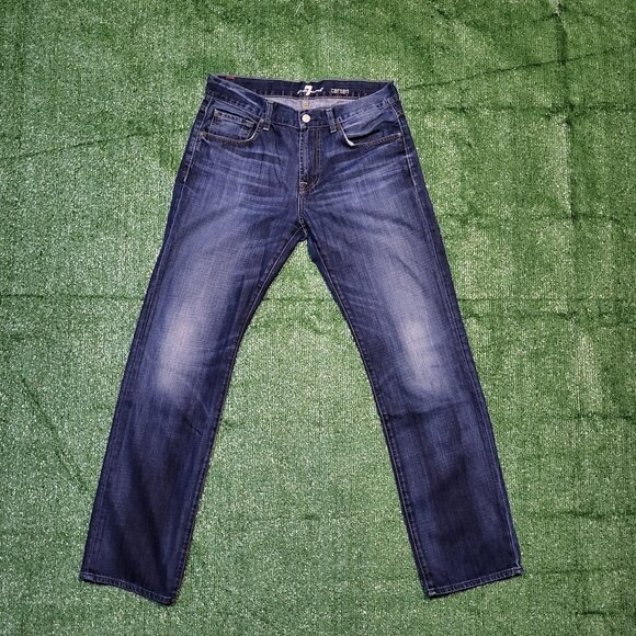 7 For All Mankind Carsen Jeans Men 33x32 Blue Relax Straight Stretch Distressed - Picture 1 of 8